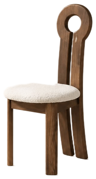 A modern wooden dining chair with a circular cutout in the backrest and a textured cream bouclé seat cushion, shown against a plain white background.