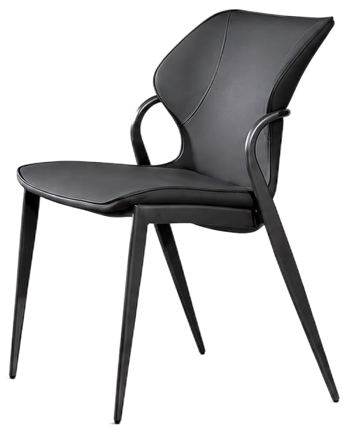 A modern black dining chair with a curved, sculptural backrest, integrated armrests, and tapered metal legs, shown against a plain white background.