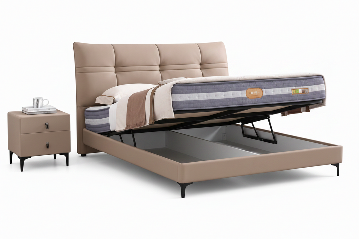 A modern upholstered bed with a tall segmented headboard and matching nightstand, shown on a white studio background. The bed is dressed in beige, white, and gray bedding, and the mattress has a visible brand label.