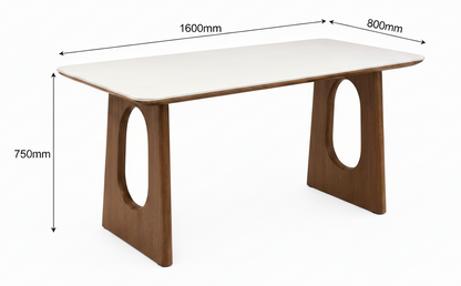A mid-century modern wooden dining table with a white top and brown sculptural legs, shown with dimension lines and labels indicating 1600mm length, 800mm width, and 750mm height.