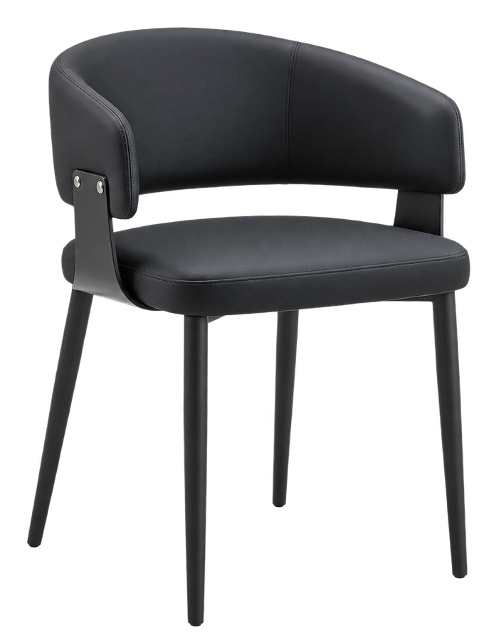 A modern black faux leather dining chair with a curved backrest, integrated side support, and four tapered legs, shown on a plain white background.