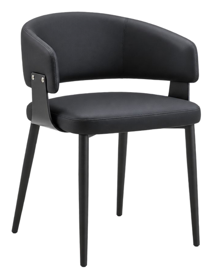 A modern black faux leather dining chair with a curved backrest, integrated side support, and four tapered legs, shown on a plain white background.