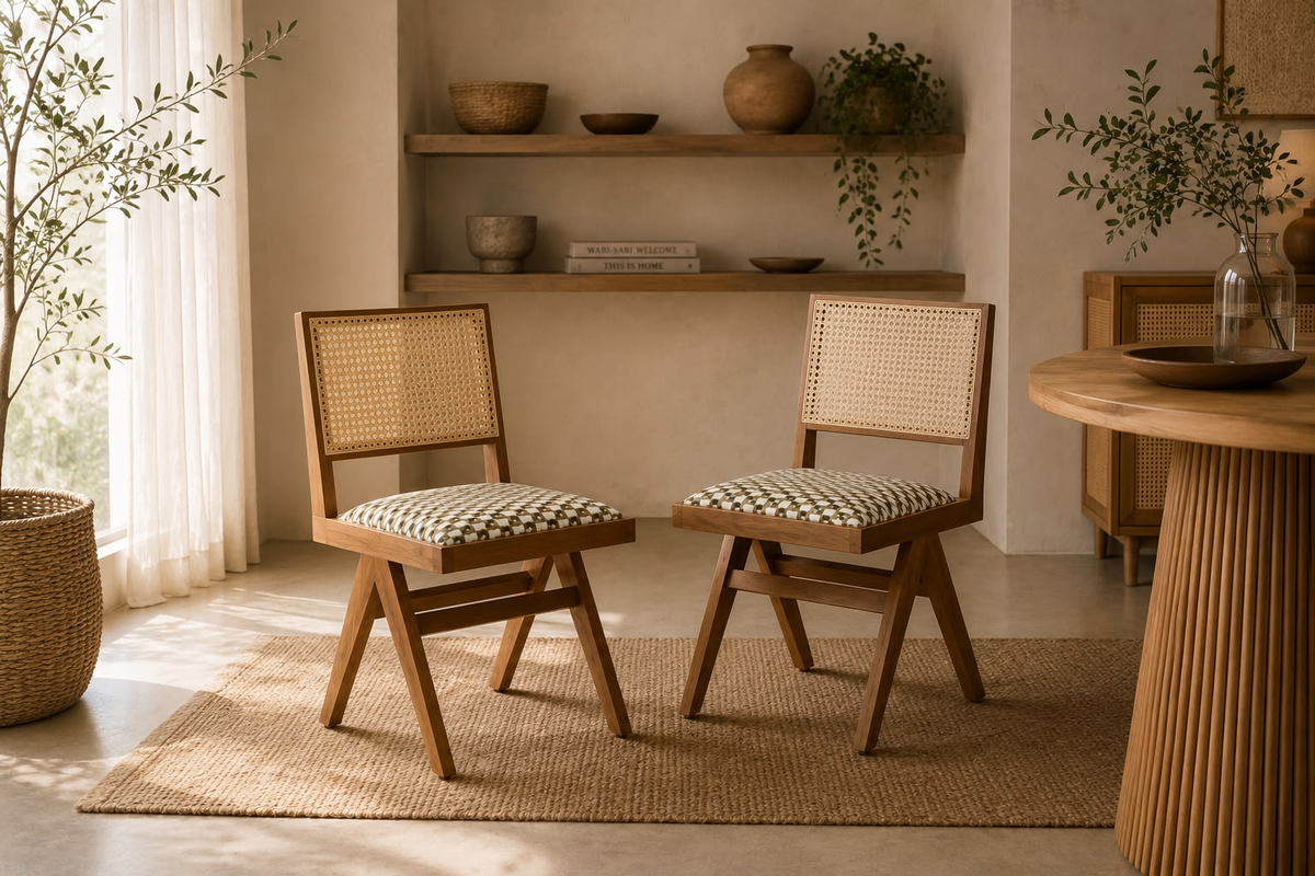 Two wooden dining chairs with woven cane backs and patterned seat cushions, placed on a jute rug in a warm, sunlit room with shelves, plants, and a round wooden table.