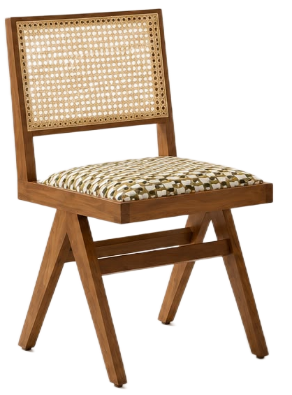 A wooden dining chair with a woven cane backrest and a patterned cushioned seat, shown on a plain white background.