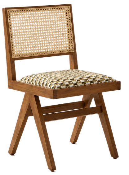 A wooden dining chair with a woven cane backrest and a patterned cushioned seat, shown on a plain white background.