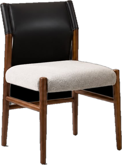 A modern accent chair featuring a black leather backrest, a textured cream bouclé seat cushion, and a medium brown wooden frame, shown against a plain white background.