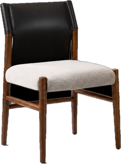A modern accent chair featuring a black leather backrest, a textured cream bouclé seat cushion, and a medium brown wooden frame, shown against a plain white background.