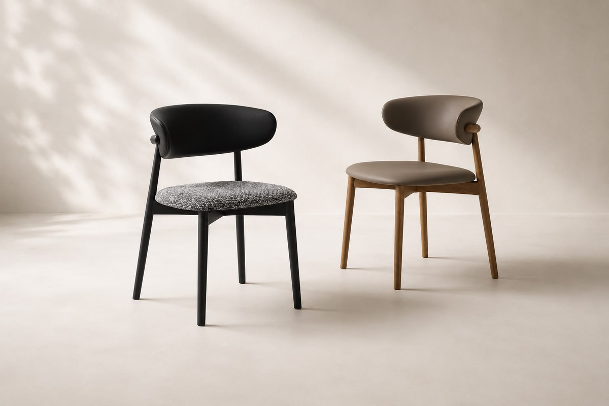Two modern dining chairs in a minimalist studio setting with soft shadow overlays. The chair on the left is black with a textured gray seat cushion, and the chair on the right is brown with a solid taupe seat cushion and wooden legs.