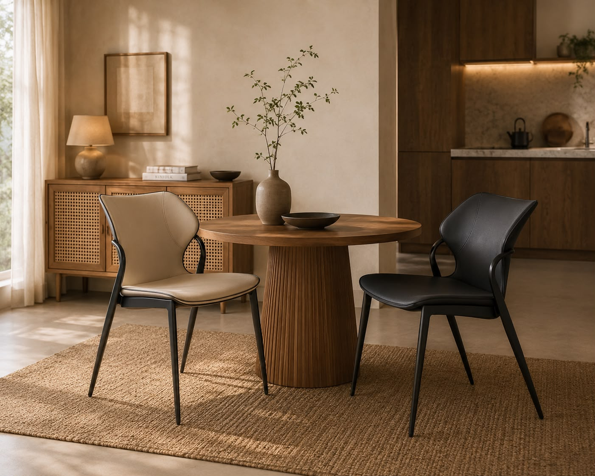 A styled dining room scene featuring two modern accent chairs—a beige upholstered chair with black legs and a black leather chair—around a round wooden table on a woven rug, with a sideboard and warm-toned interior in the background.