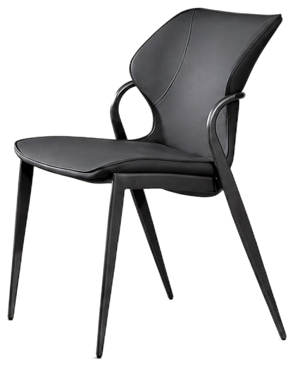 A modern black dining chair with a curved, sculptural backrest, integrated armrests, and tapered metal legs, shown against a plain white background.