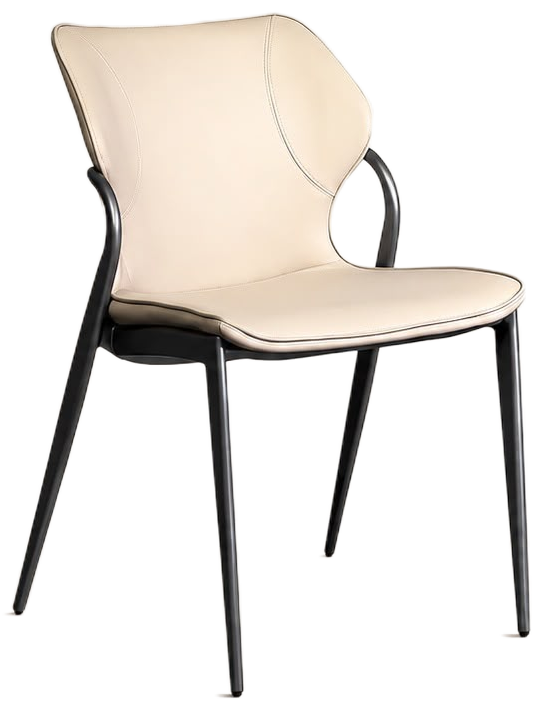 A modern dining chair with a cream-colored upholstered seat and backrest, supported by a sleek black metal frame with tapered legs.