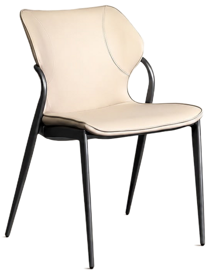 A modern dining chair with a cream-colored upholstered seat and backrest, supported by a sleek black metal frame with tapered legs.